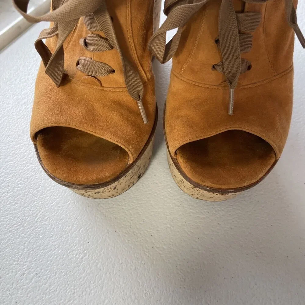 Gianvito Rossi Suede Cork Open Toe Lace Up Platform Shoes Orange/Beige Womens 37